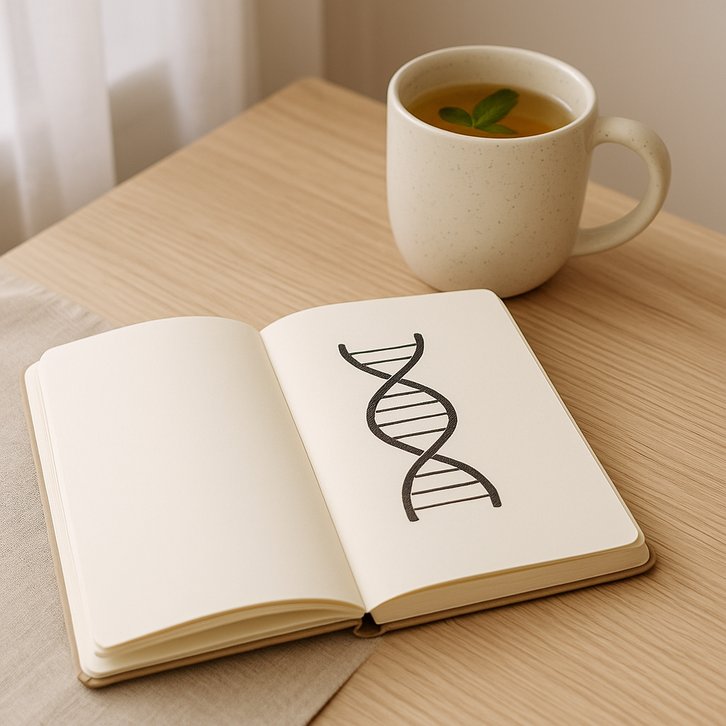 Ilustración de una doble hélice de ADN en una libreta, relacionada con epigenetica y bienestar.