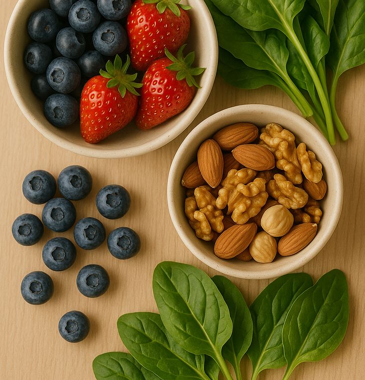 Un conjunto de alimentos saludables: arándanos, fresas, frutos secos y hojas de espinacas sobre una superficie de madera.