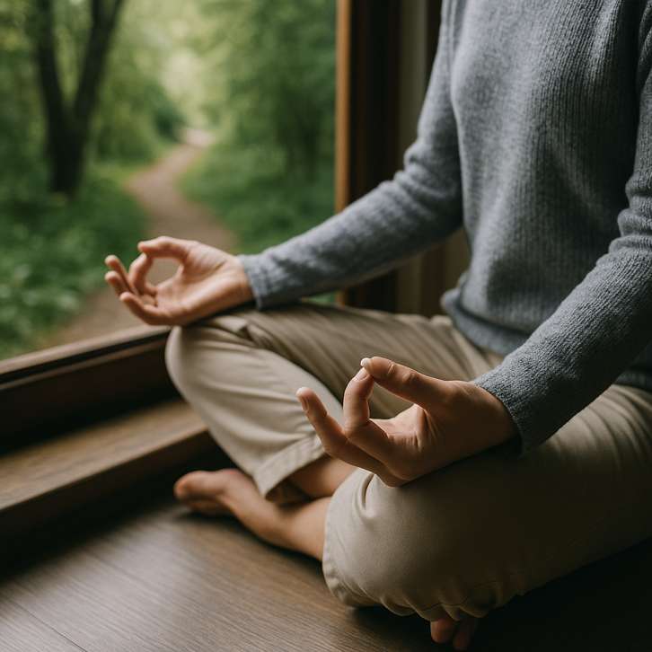 Persona meditando junto a una ventana para reducir el cortisol y el estrés.