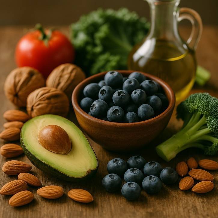 Alimentos ricos en nutrientes que apoyan la epigenetica e inmunidad, como arándanos, aguacate, brócoli, aceite de oliva virgen extra y frutos secos como nueces y almendras