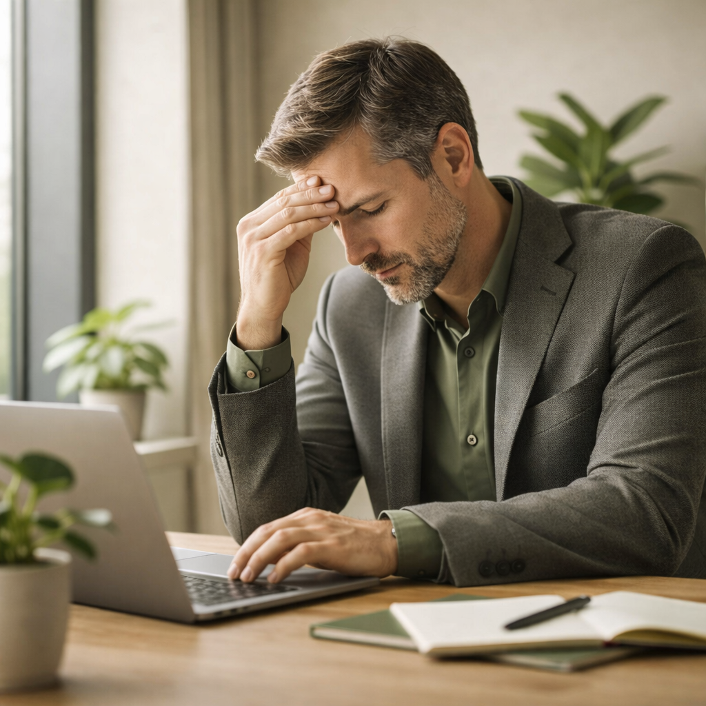 Directivo con migraña recurrente trabajando con dolor frente al ordenador en un entorno corporativo